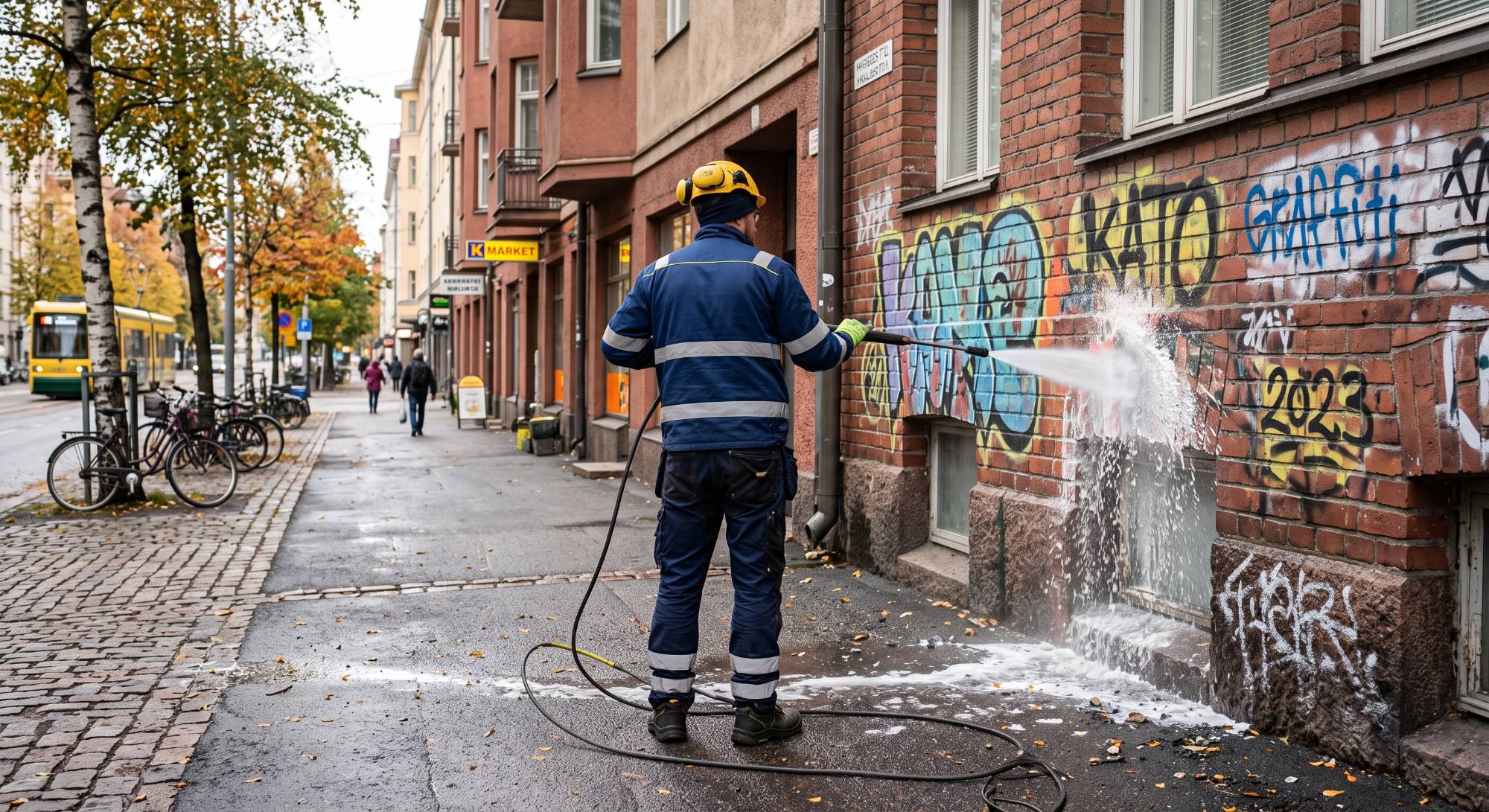 Graffitien poisto tiiliseinästä painepesurilla