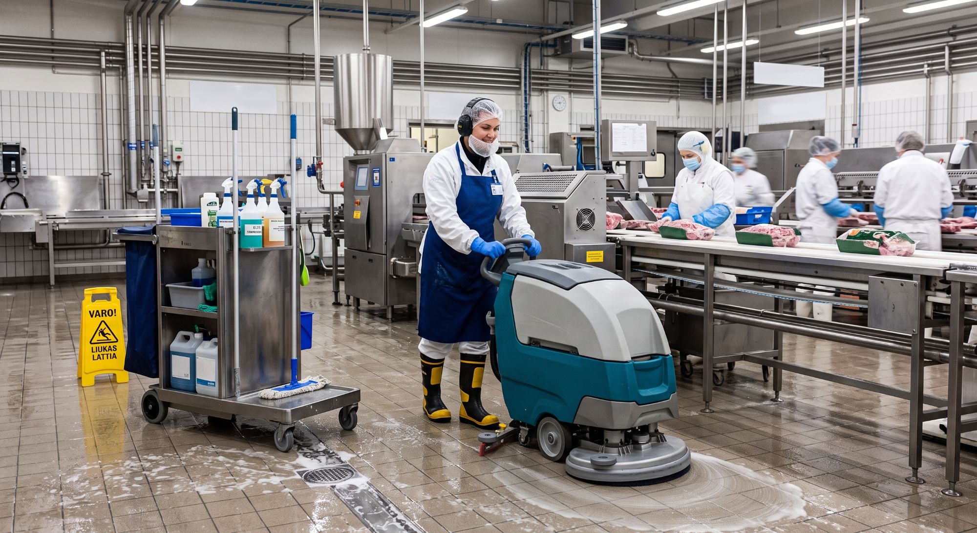 Lattianpesu yhdistelmäkoneella lihanjalostuslaitoksen tuotantotilassa
